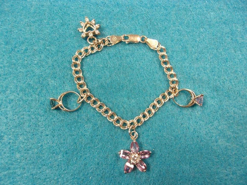 NEAT VTG STERLING SILVER CHARM BRACELET:  2x CZ SOLITAIRE RINGS; HEART; FLOWER