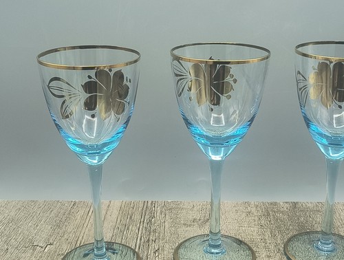 Vintage Set Of 3 Romanian Aperitif Teal Wine Glasses, 24kt Rim And Flower Design - Picture 10 of 12