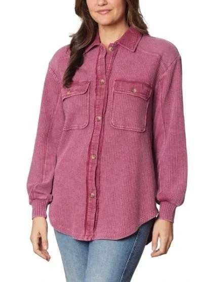 Briggs Women's Waffle Button-Front Long Sleeves Pockets Shirt, Dark Pink, M