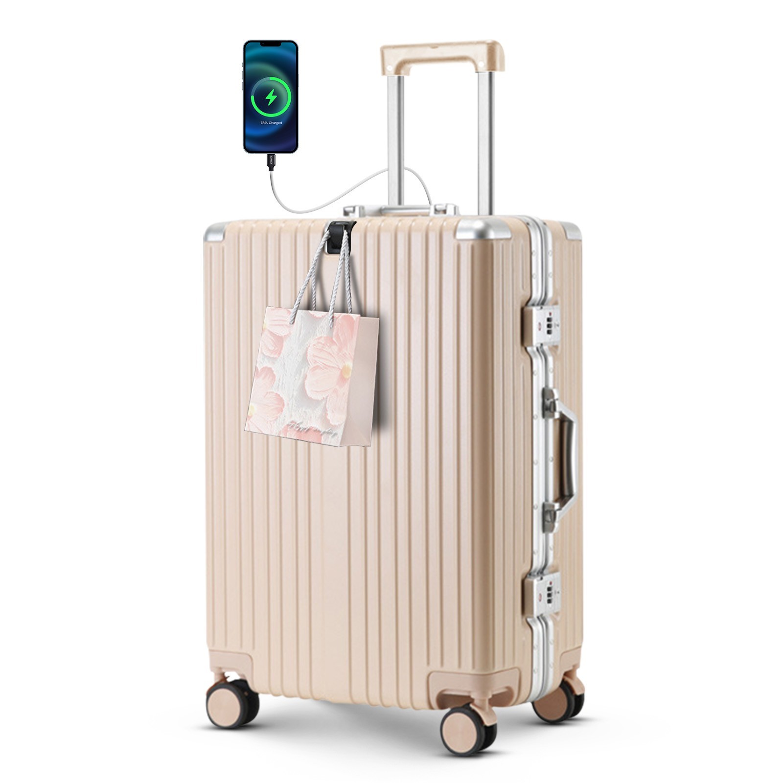 22" Hardside Spinner Suitcase USB Port Cup Holder Phone Stan