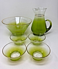 Vintage Blendo Lime Green Ombre Bowl Set w/ Pitcher 4 Cups Gold Rim 6pc