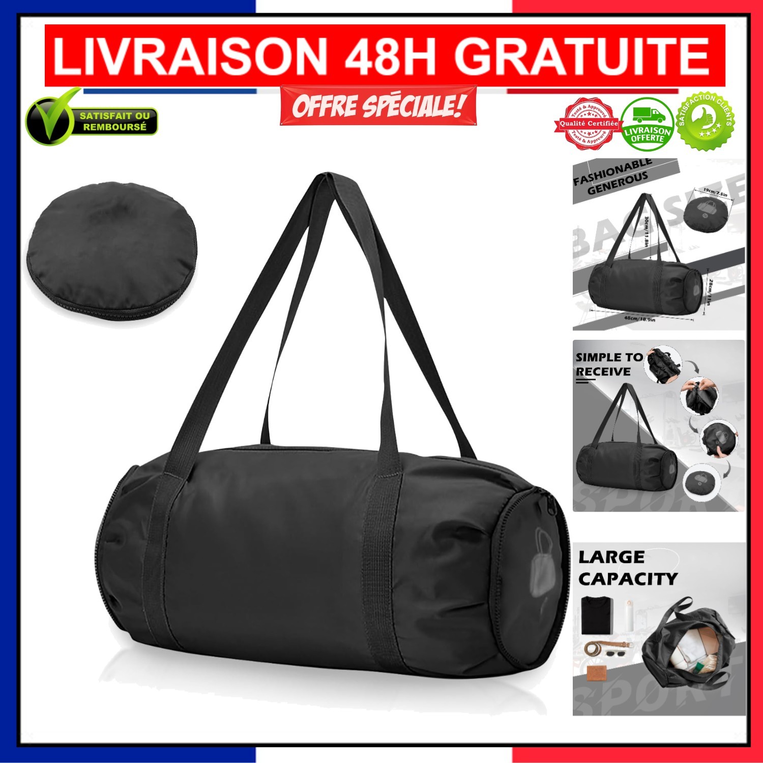 Sac de voyage noir pliable 48x28 léger imperméable homme femme