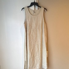 Talbots Petites Women's Beige 100% Linen Pleated Sleeveless Shift Dress Size 8