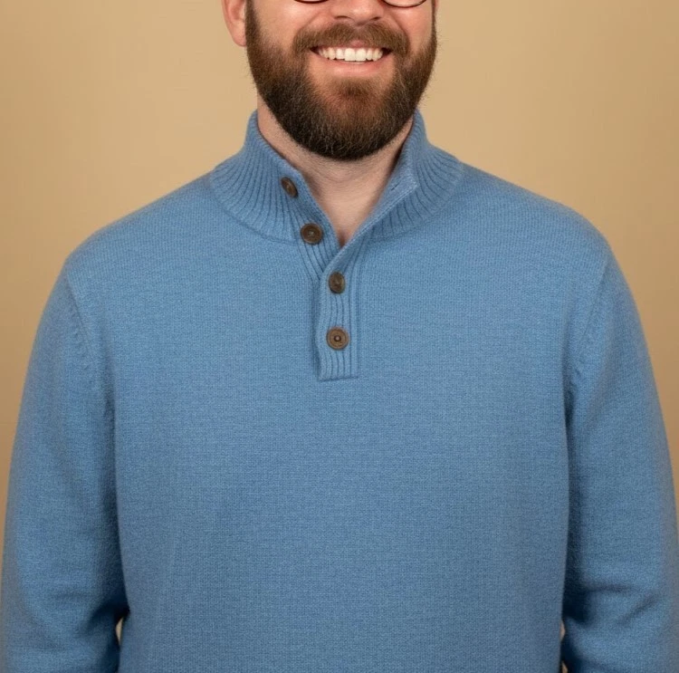 VTG 90s Lands End Men M Wool Mockneck Henley Sweater Blue Classy Preppy Academia