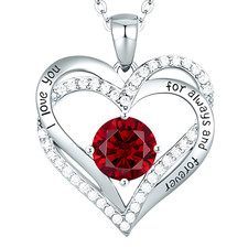Garnet Ruby Red Zircon Heart Necklace For Women Rhodium-Plated Base Metal B274