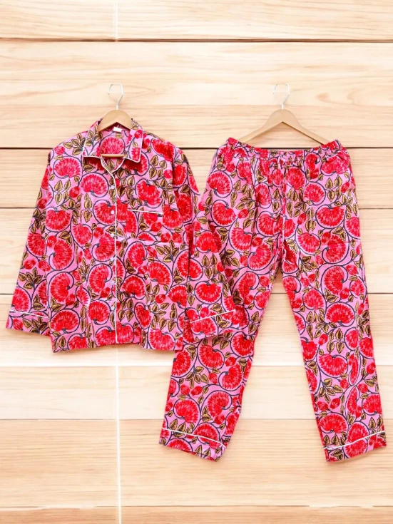 Hand block print PJs cotton Short sleeve long Pajama sets Gift For Her - Image 2 of 4