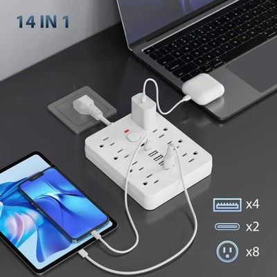 White 14-in-1 Power Strip Surge Protector w/ 8 AC Outlets, 4 USB & 2 USB-C Ports