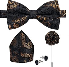 Silk Black Gold Bow Ties for Men Adjustable Pre-tied Bow Tie and Pocket Squar...