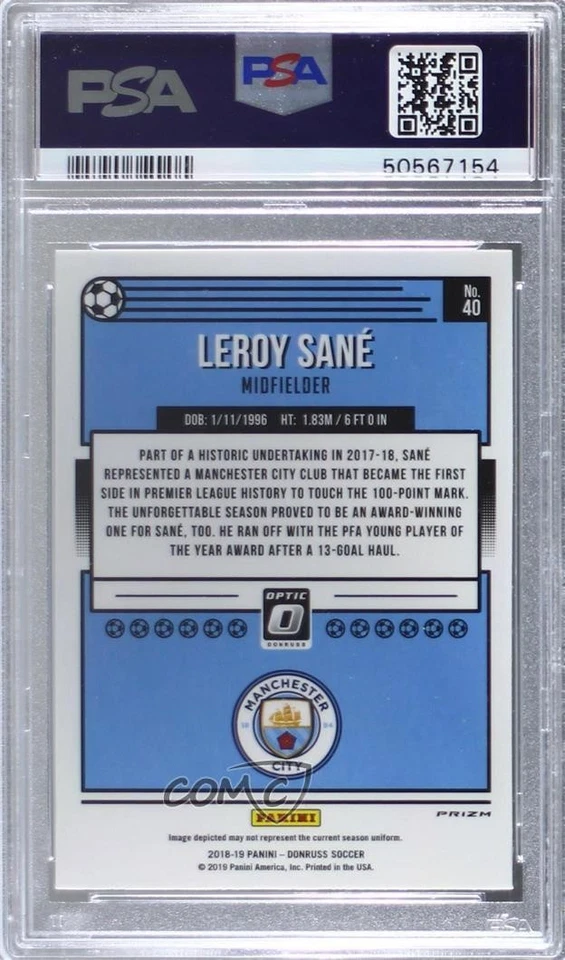 2018-19 Panini Donruss Optic Holo Prizm Leroy Sane #40 PSA 9 MINT - Image 2 of 2