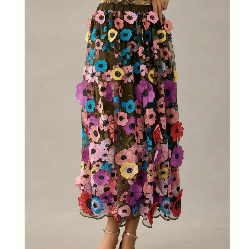 ANTHROPOLOGIE Maeve Floral Appliqué Pull On Midi Skirt SMALL NWT