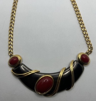 MONET Necklace 3 Red Cabochons On Black Gold Deco Revival Mogul Fashion Jewelry