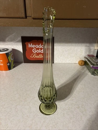 Vintage Fenton Green Thumbprint Swung Vase ~17” Colonial Avocado Footed Vessel