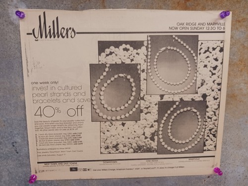 Millers Department Store Pearl Jewelry Ad 1980s Knoxville TN Ephemera Prices