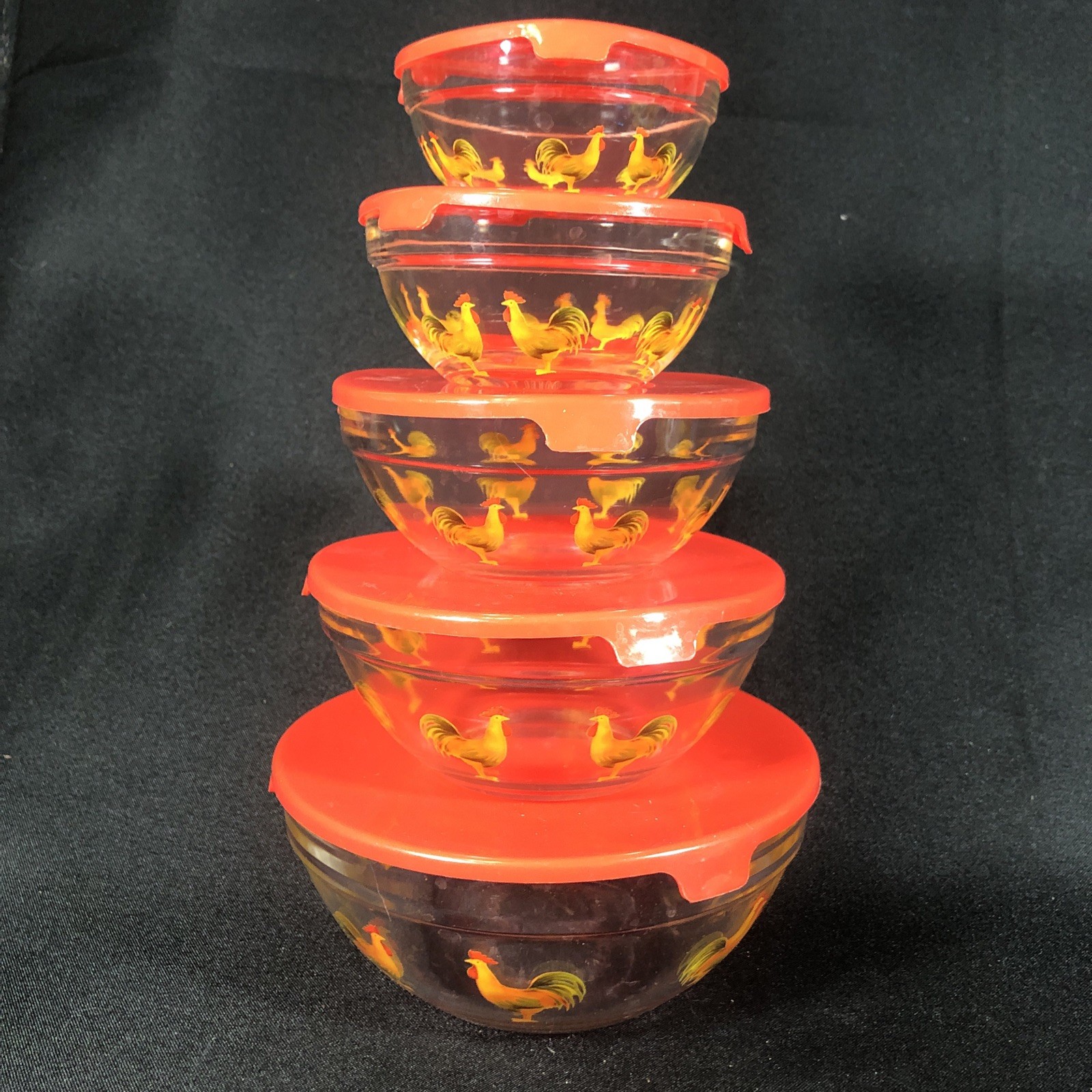 5 Glass Nesting Bowls with Lids Rooster Design Cottagecore Farmhouse