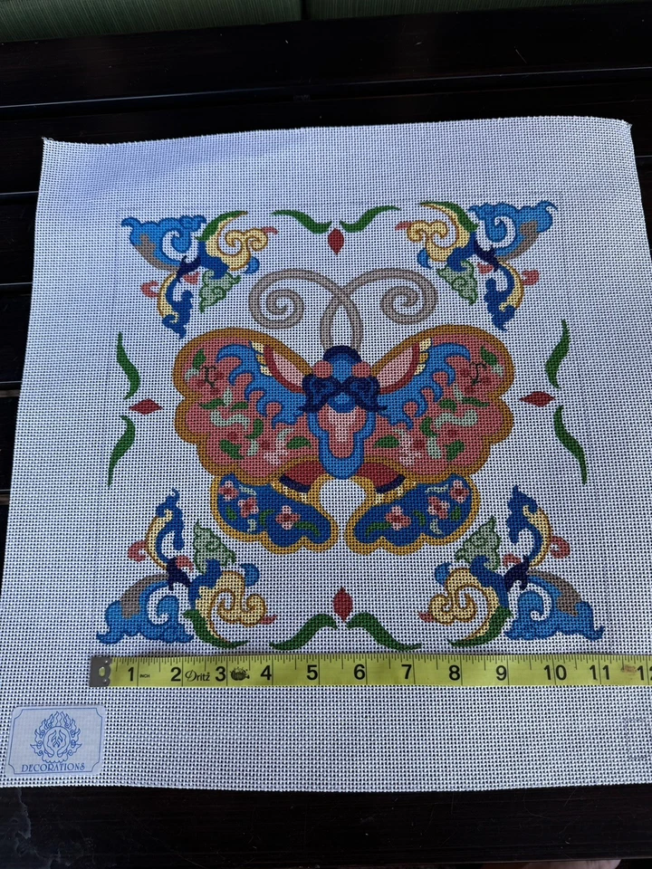 Cloisonne Butterfly Handpainted Canvas 11" Square Pillow Needlepoint Julie Mar - Image 4 of 4
