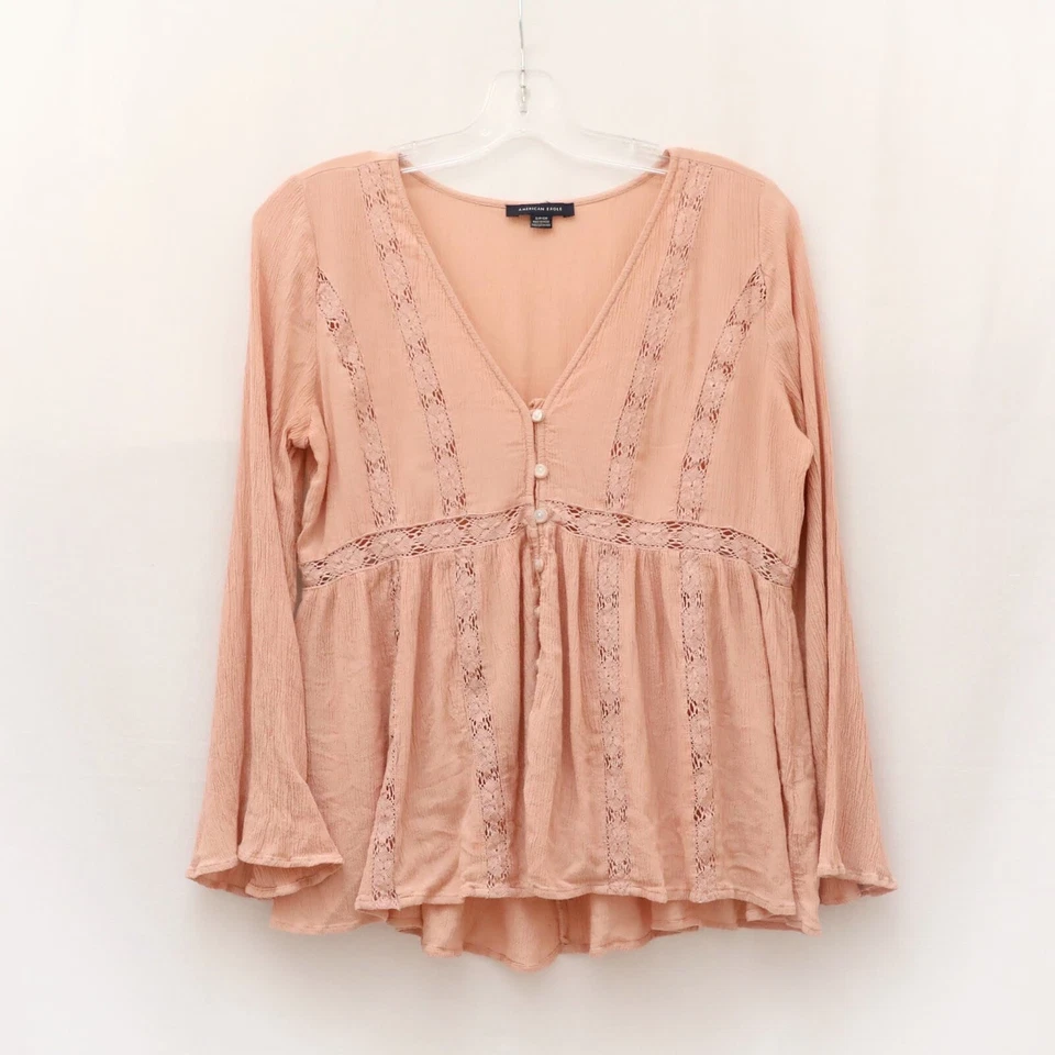 Blusa American Eagle AEO Manga Campana Boho Campesina S Encaje Pastel Melocotón Top