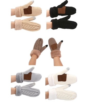 Plush Wrist Cuffs Full Finger Gloves Winter Knit Warm Mittens for Women Girls