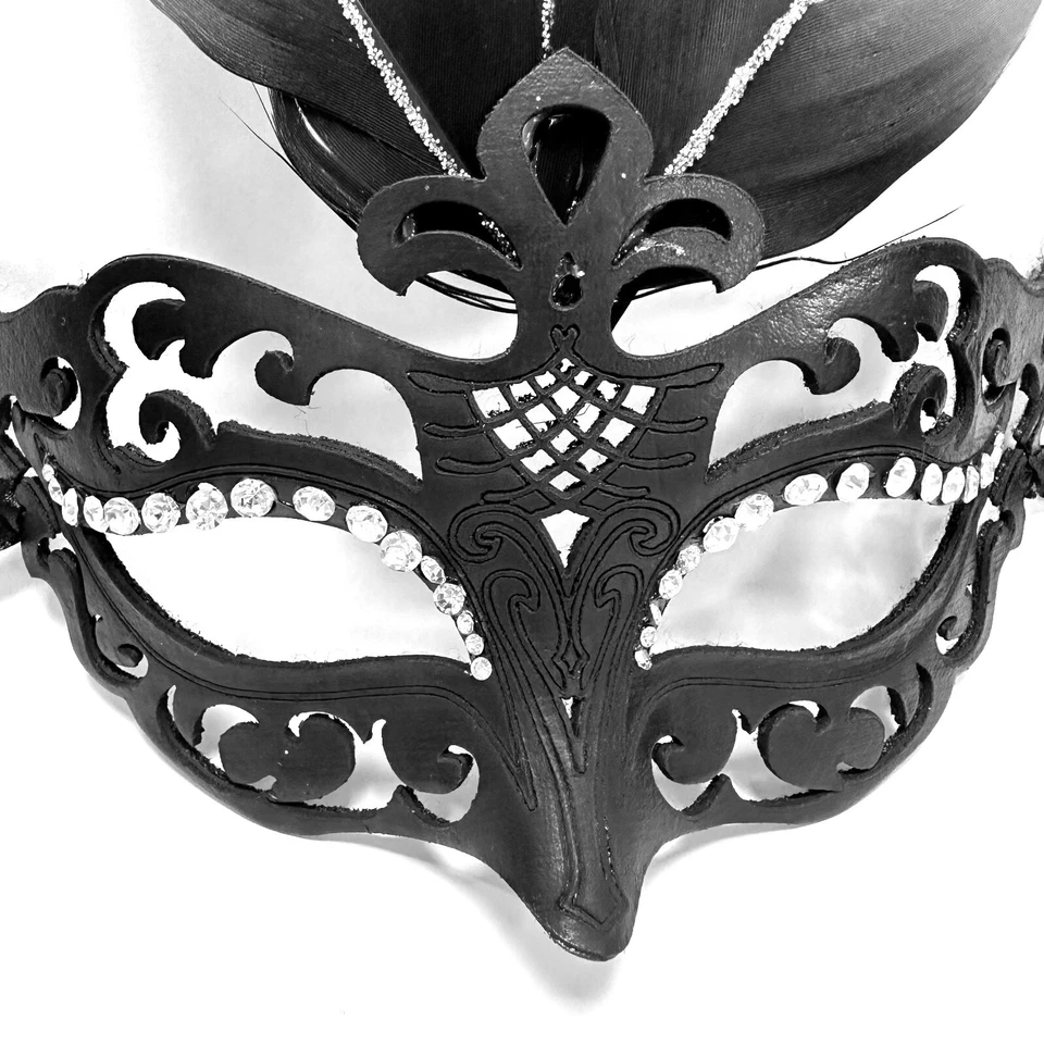 Ladies Masquerade Black Eyemask With Feather Fancy Dress Sequins 20s Halloween - Image 3 of 3
