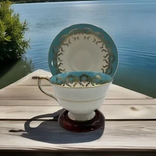 Aynsley Blue Turquoise England Gold Wreath Lace Tea Cup & Saucer No Damage