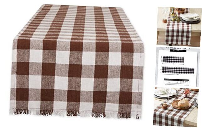 Heavyweight Fringed Check Tabletop Collection, Table Runner, 14x108, Bark