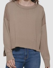 DKNY Women's Beige Studded Crewneck Pullover Sweater Sweatshirt Size: Large