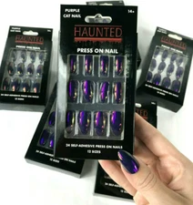 24pc Cosplay Goth Halloween Roleplay Press On Fake Metallic Purple Cat Nails Kit