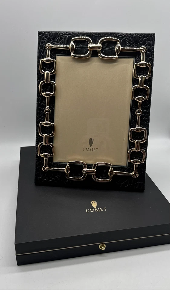 L'Objet Negro Oro Estilo Ecuestre Italiano Cuero Respaldo Marco 5"x7" Foto Nuevo en Caja Foto 2 de 3