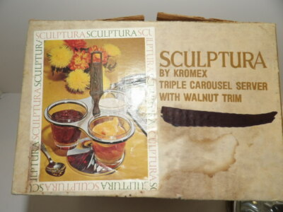 Vintage Kromex Chrome Carousel 3 Condiment Server with Walnut Trim in Box