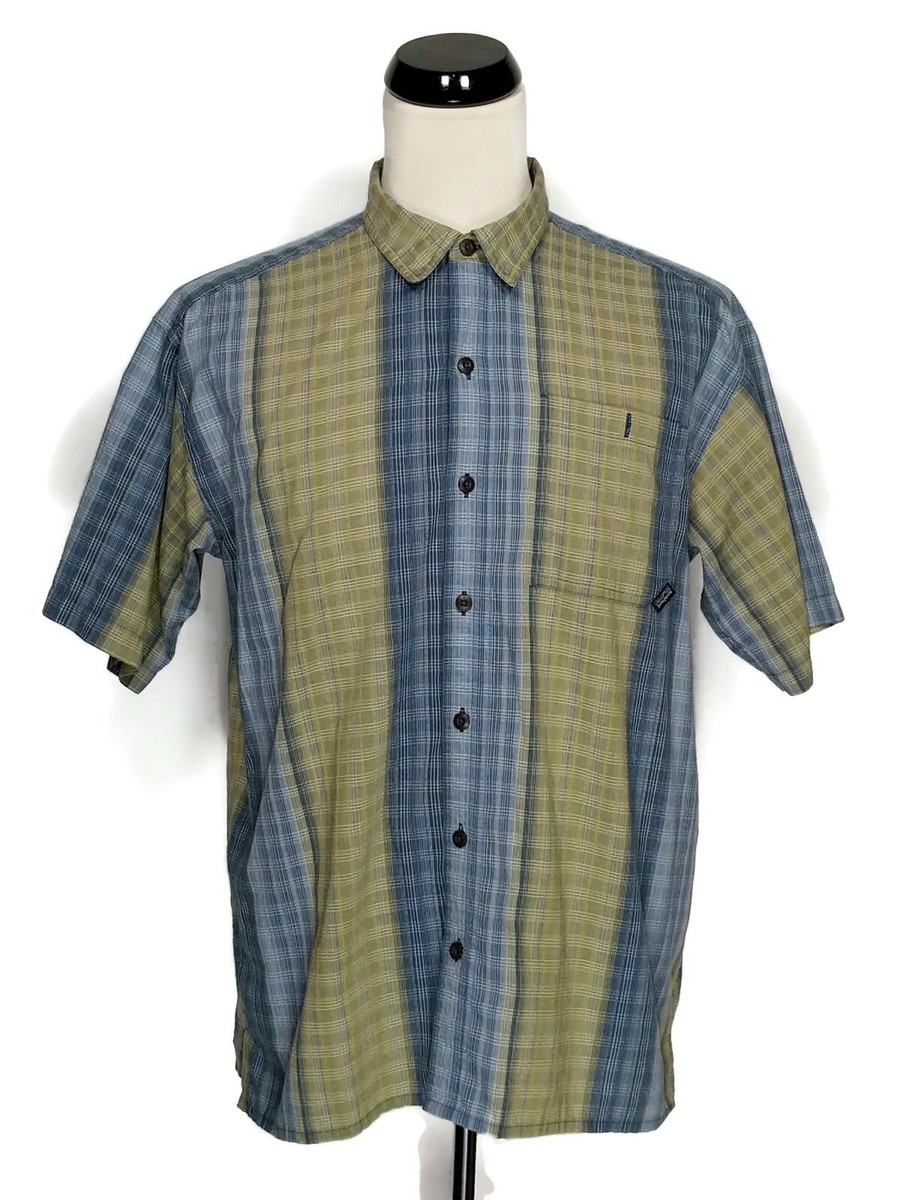トップス Patagonia Striped Short Sleeve Shirt Patagonia Blue Green Striped Short Sleeve Pockets Button Up