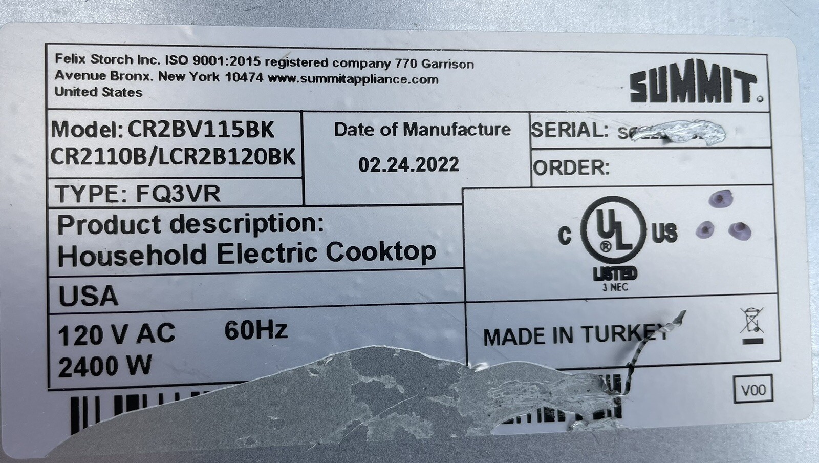 10.54111.048 Radiant sur Burner Element 6" 120volt SUMMIT / LOW TEMP CORP 195344