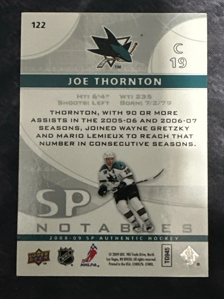 2008-09 SP Authentic SP Notables 122 Joe Thornton San Jose Sharks - Image 2 of 2