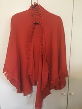 Vintage 60s-70s Mid Century Poncho Cape Orange Double Knit Self Fabric Fringed