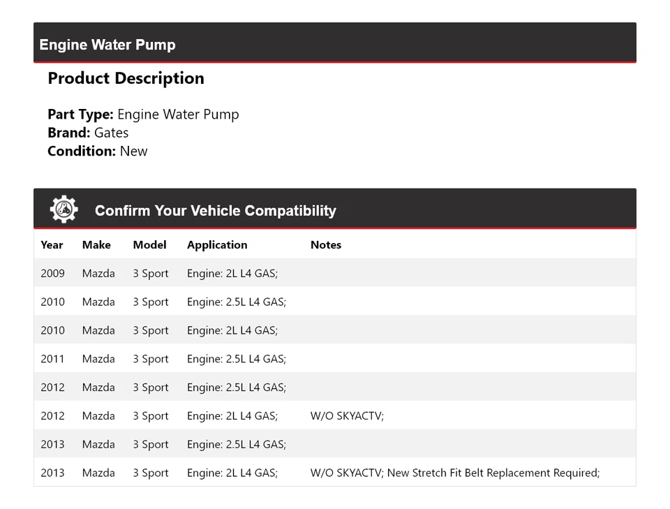 Puertas de bomba de agua para motor deportivo Mazda 3 2009-2013 2010 2011 2012 Foto 2 de 4