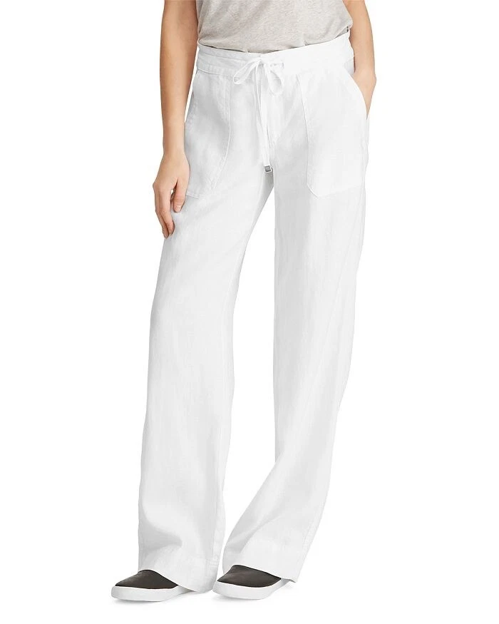 Ralph Lauren Women's Pants Linen Flat Front White Trousers Drawcord Size 16  NEW