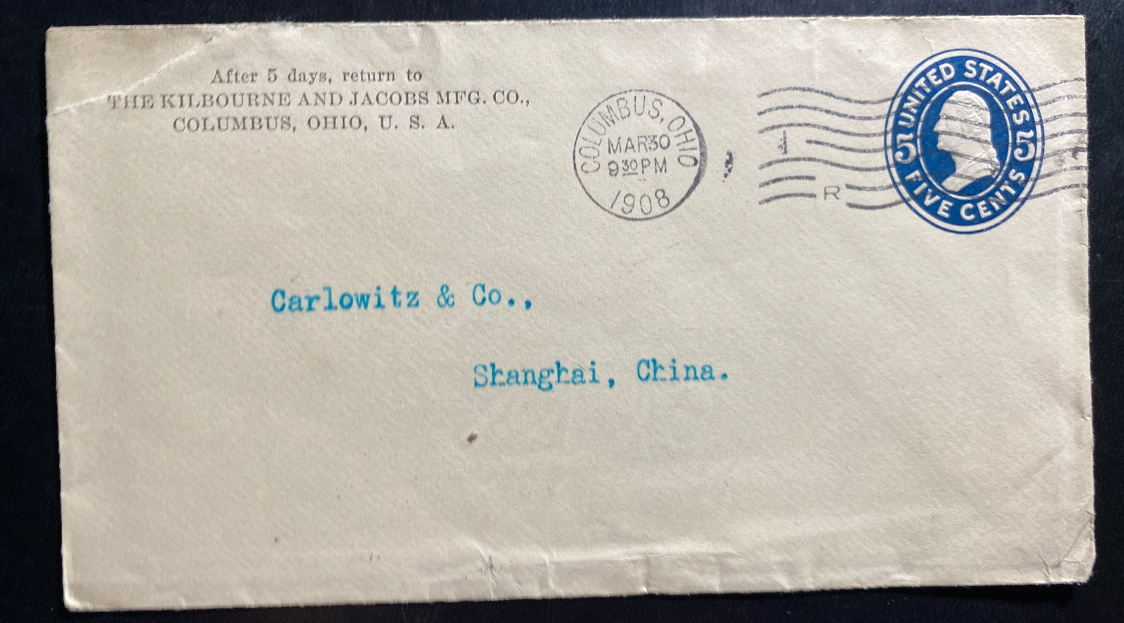 1908 Columbus OH USA Postal stationery Commercial Cover To Shanghai China