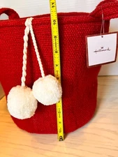 Hallmark Tote Bag Red White PomPoms Woven Cotton Basket Christmas Holidays Decor