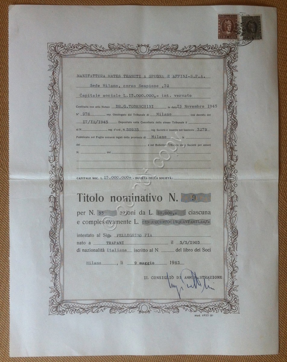 Azioni Shares - Manifattura Mates - 55 Azioni da 10.000 Lire - 1963 - tessile