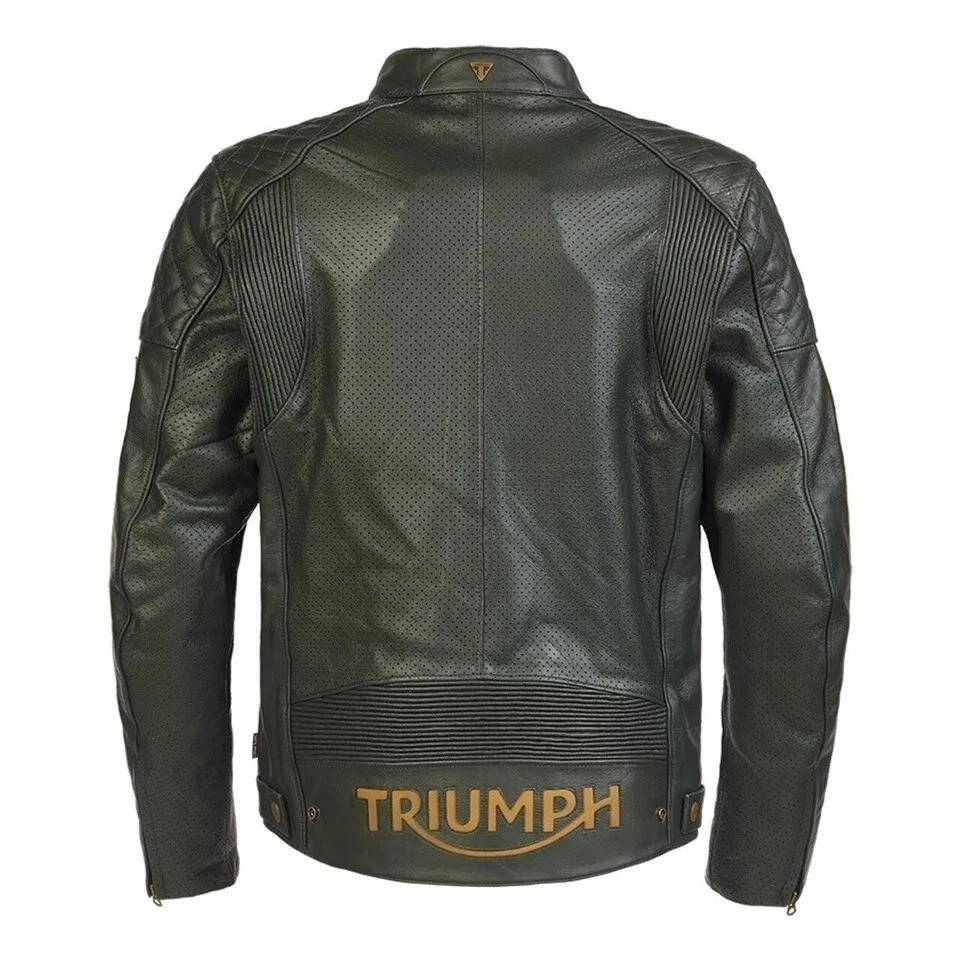 Chaqueta de cuero Triumph para carreras de motocicletas Chaqueta de cuero de vaca de motociclista verde Triumph Foto 4 de 4