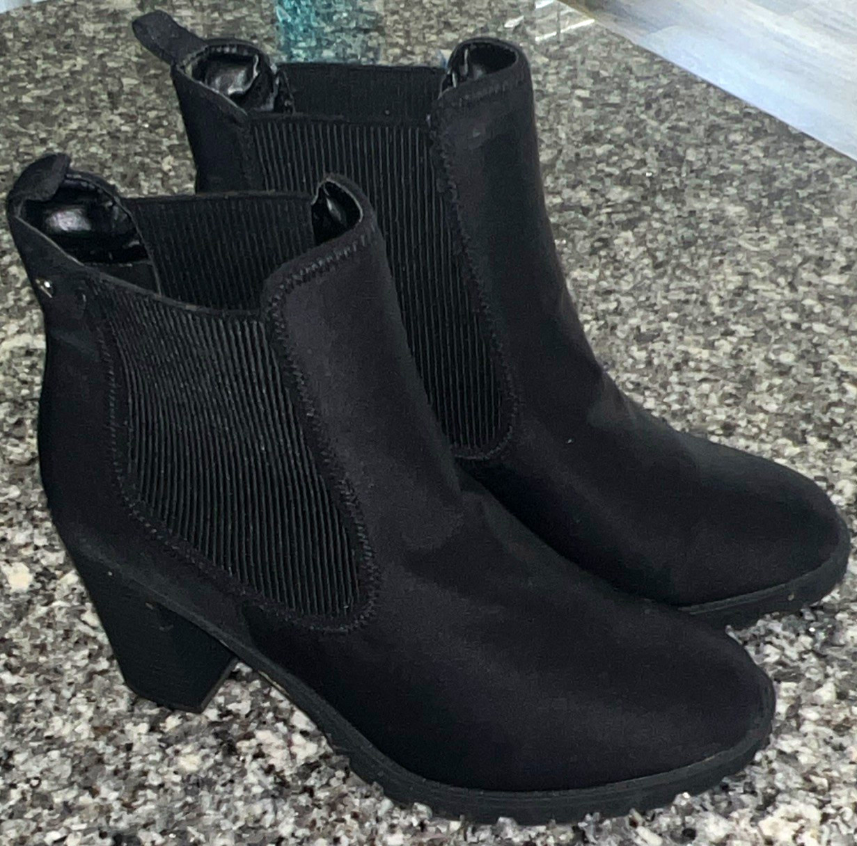Women’s Black Chelsea Ankle Boots Silk Upper Pull-On Elastic Gore Round Toe
