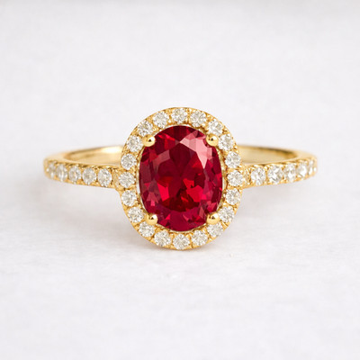 Oval Ruby Ring 8x6mm Halo Yellow Gold Plated Dainty July Birthstone