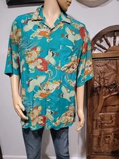 Citron Santa Monica Sz L Men's Buttons Up Shirt Teal Background Cranes Flying #C