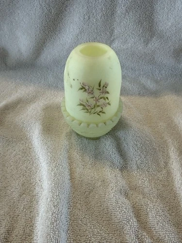 VTG Fenton Uranium Custard Glass Candle Fairy Lamp Hand Painted Flowers Signed