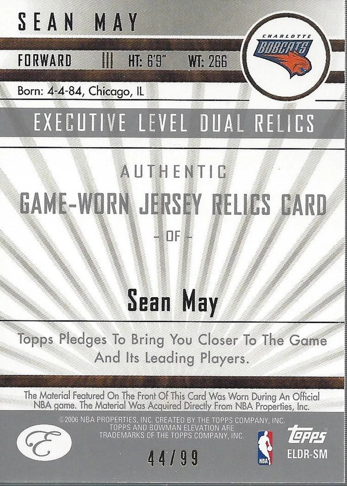2006-07 Bowman Elevation Executive Level Relics Dual #DRSM Sean May Jersey/99 - Image 2 of 2