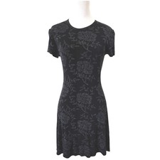 Y2K Marian & Maral Black Silver Glitter Floral Ribbed Short Sleeve Mini Dress S