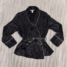 Victoria s Secret Black Satin Belted Wrap Top Robe Short Logo Kimono Women s M