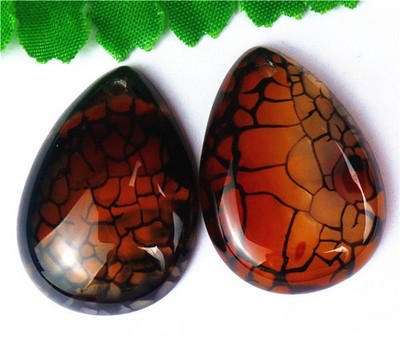 2Pcs 34x25x7mm Brown Red&Black Dragon Veins Agate Teardrop Pendant Bead AD68641