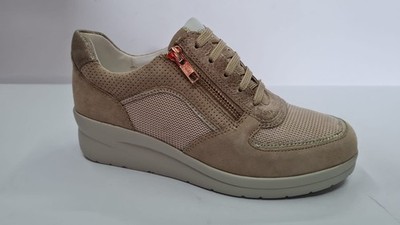 Riposella Damenschuhe aus Leder und Textil mit Keilabsatz, Schnürung und Reißverschluss - BEI (Beige