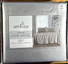 Ardour 6 Piece Luxury Queen Set 100% Polyester Flat, Fitted & 4 Pillowcases Grey