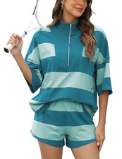 Womens Cotton Half Zip Set Elastic Waist Short Striped Stylish Comfortable Ve...