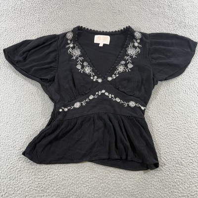 Audrey Parks + Francesca Black V Neck Women Medium Boho Floral Tunic Cottagecore